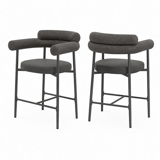 Set of 2 Bar Stools with Fabric Upholstery and Black Metal Frame in Dark Gray