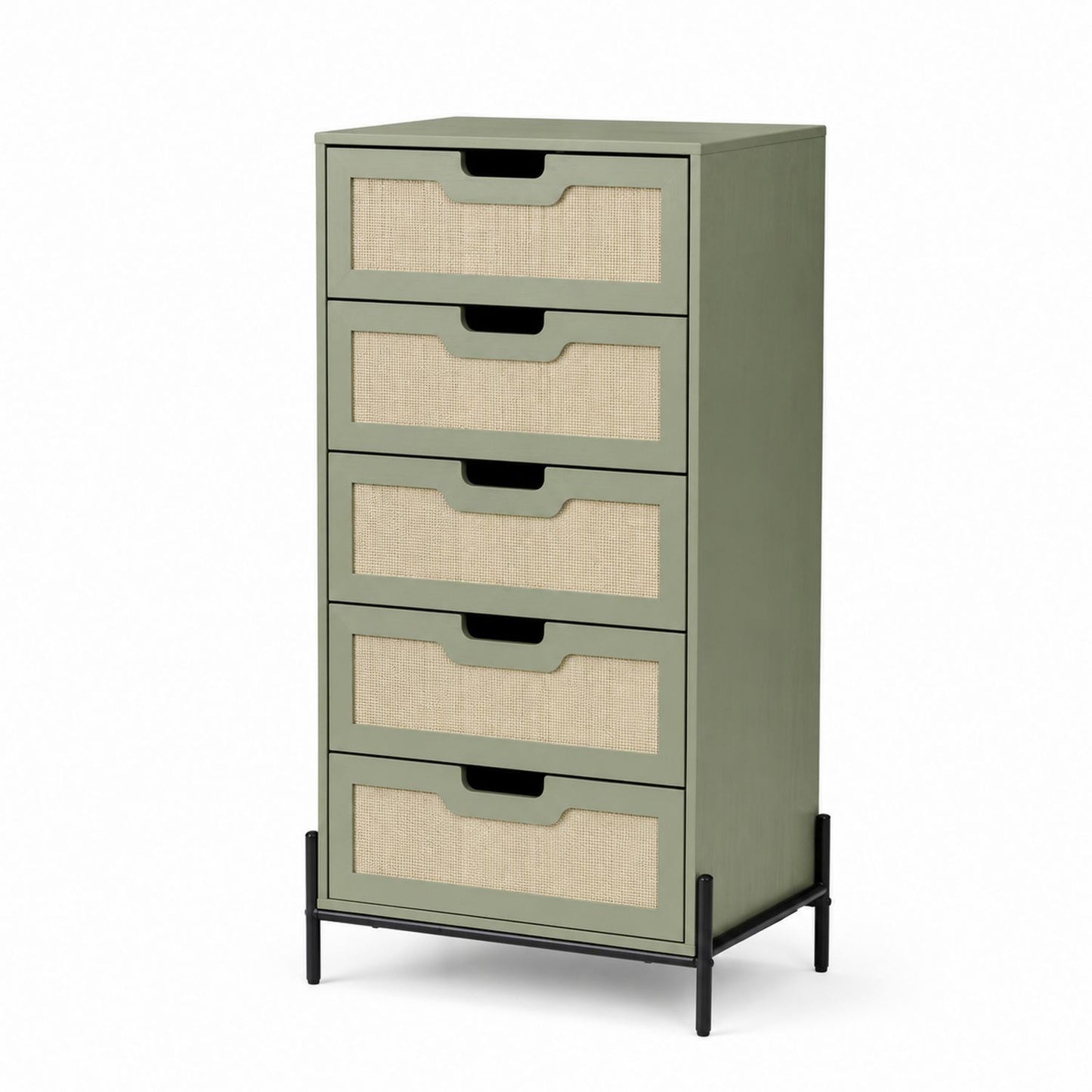 Green Wooden Chest of 5 Drawers with Metal Frame and Rattan Fronts