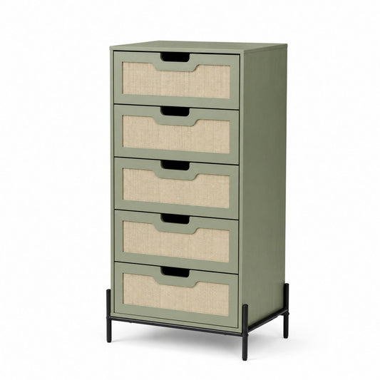 Green Wooden Chest of 5 Drawers with Metal Frame and Rattan Fronts