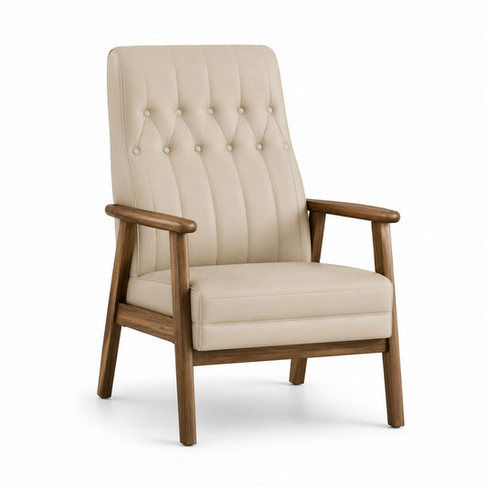 Beige PU Leather Armchair with Solid Wood Frame