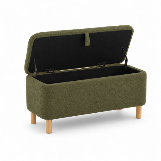 Olive Green Bouclé Upholstered Storage Bench with Wood Legs 90cm