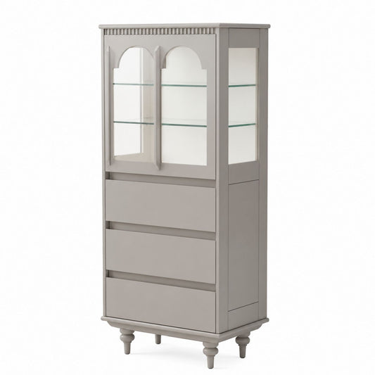 Grey Wood and Tempered Glass Display Cabinet with Drawers 180cm
