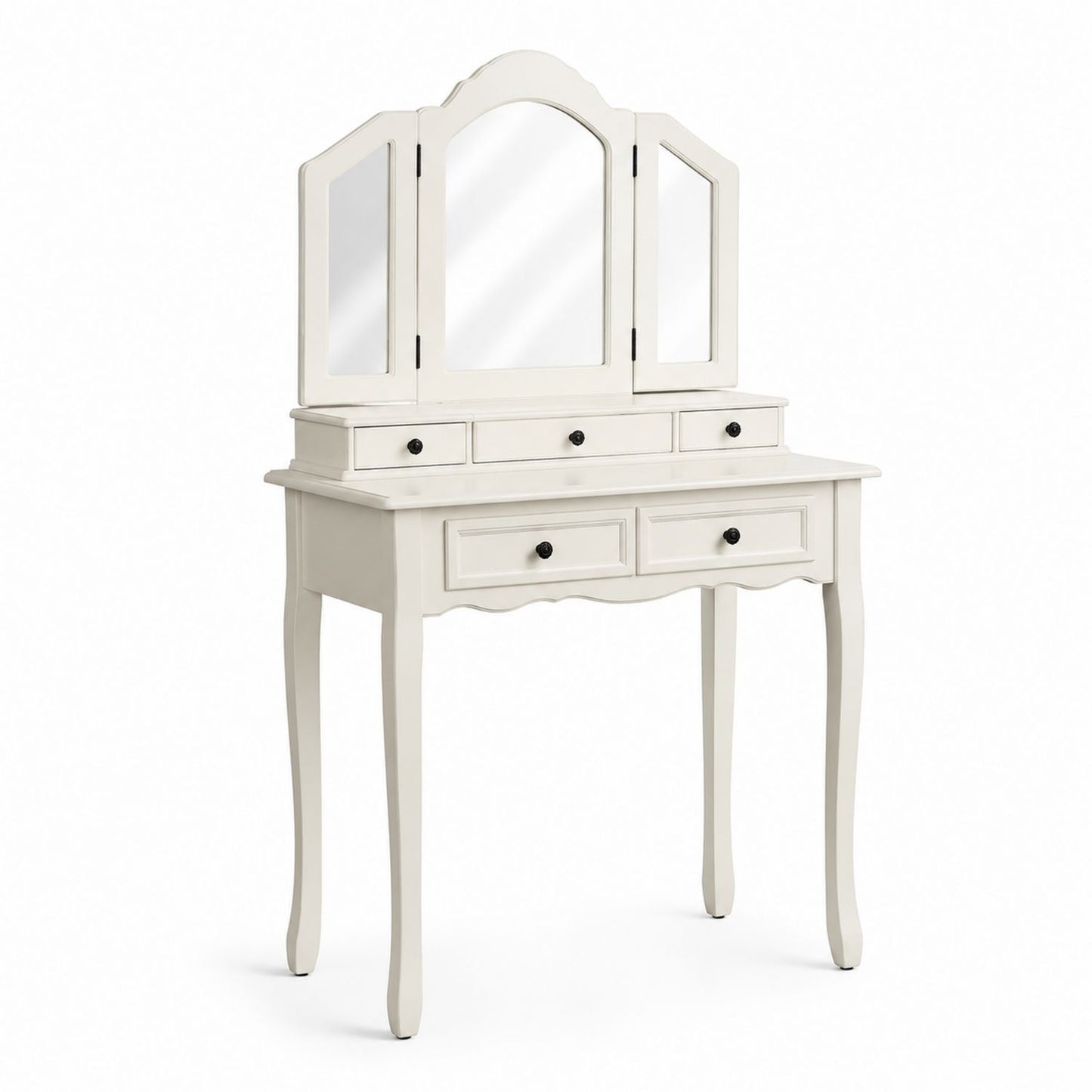 Ivory Wood Vanity Set with Tri-Fold Mirror and Storage Drawers