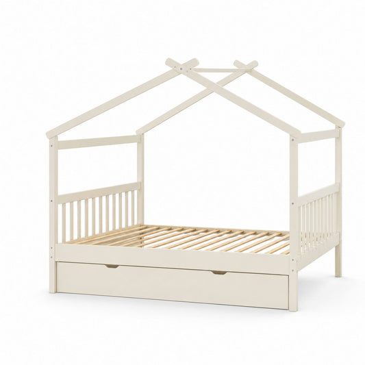Wooden House Bed with Storage Drawer Cream 200x100x150 cm