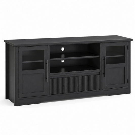 Black Wood TV Stand with Shelves and Cabinets 152cm