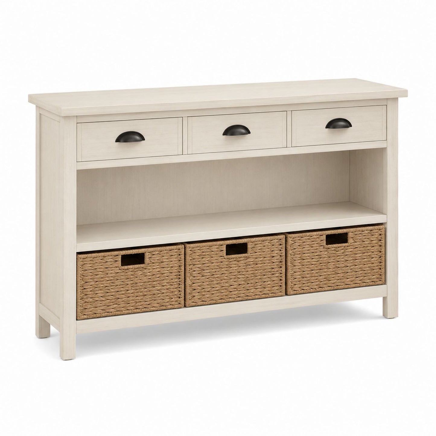 Wood Console Table with Drawers and Wicker Baskets 125cm