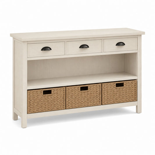 Wood Console Table with Drawers and Wicker Baskets 125cm