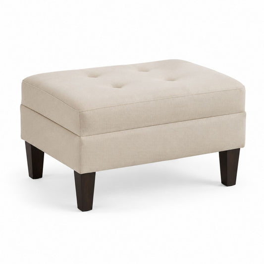 Beige Linen Rectangular Ottoman with Solid Wood Legs