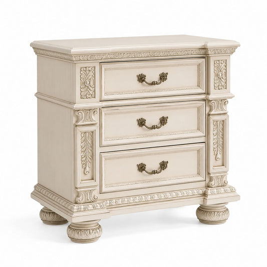 Wood Nightstand with Intricate Carvings, Cream 3-Drawer, 70cm Height
