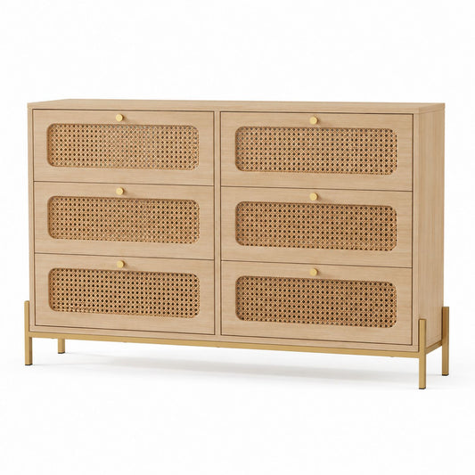 Wood Rattan Cane Dresser with Brass Metal Legs 6-Drawer Natural 120cm x 40cm x 85cm