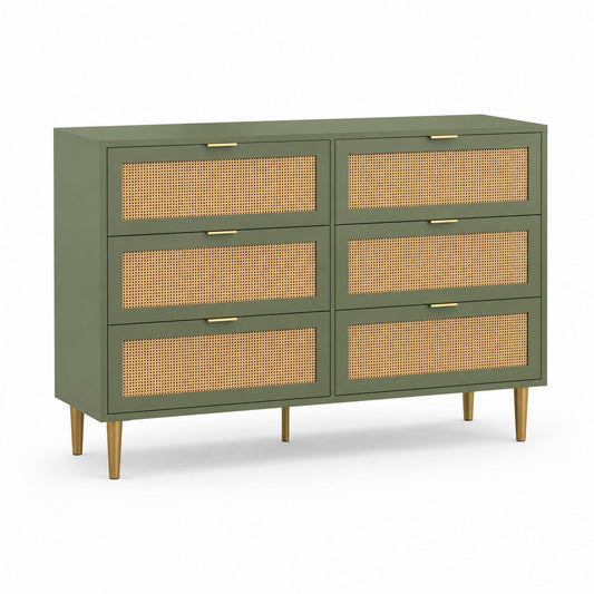 Green Wood 6-Drawer Dresser with Rattan Fronts