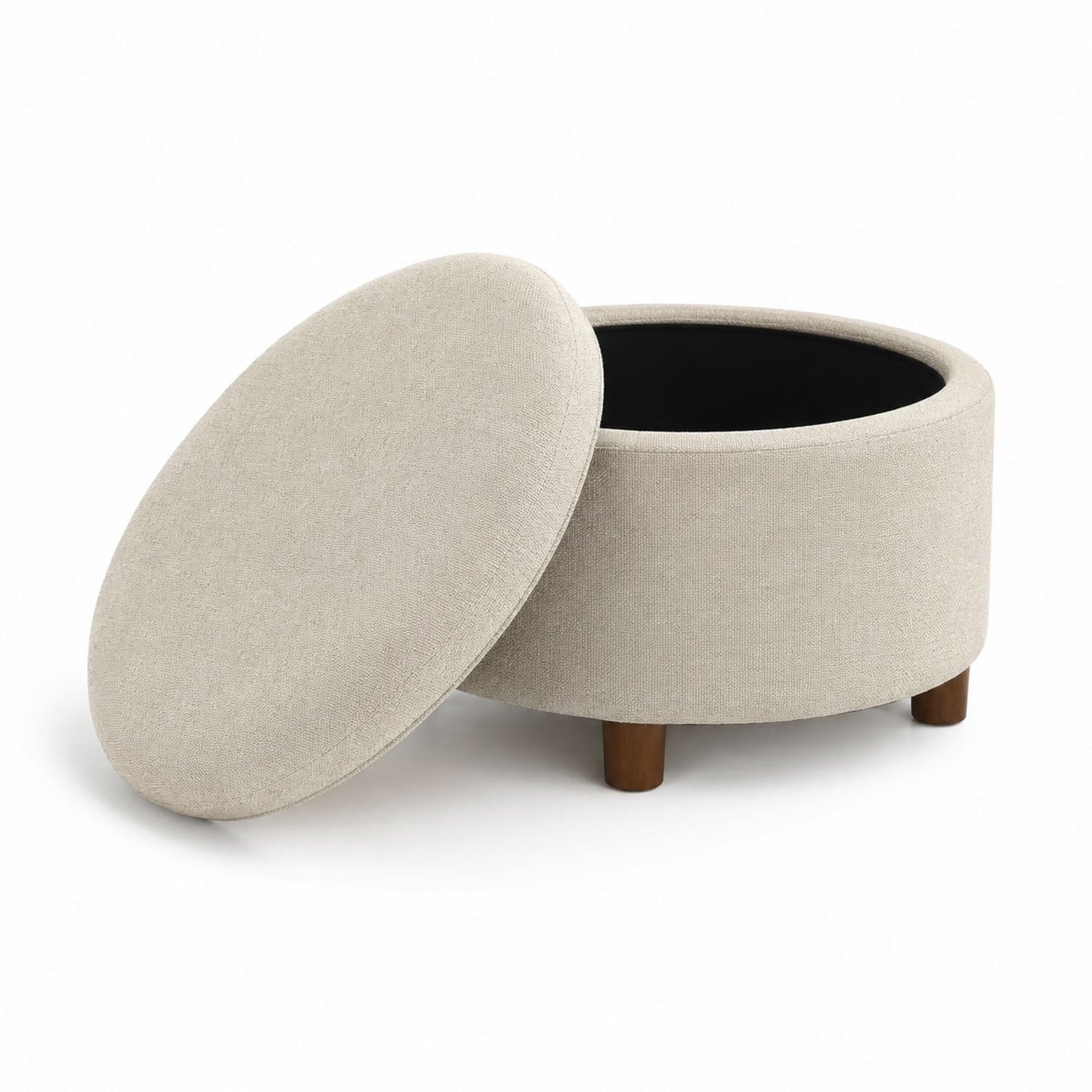 Round Upholstered Storage Ottoman Beige Fabric 50 cm