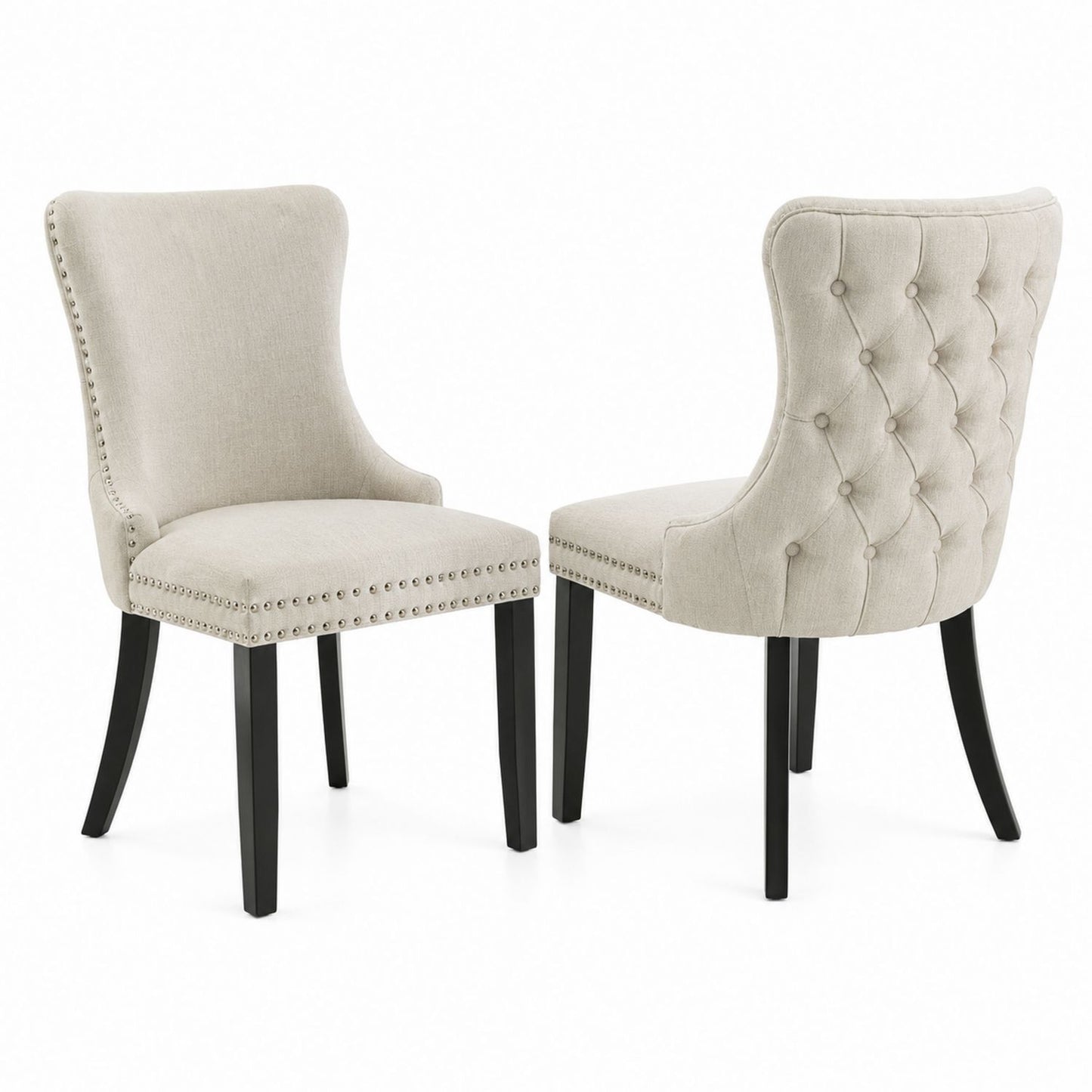 Set of 2 Upholstered Tufted Dining Chairs Beige Fabric with Nailhead Trim