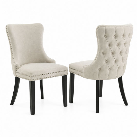 Set of 2 Upholstered Tufted Dining Chairs Beige Fabric with Nailhead Trim