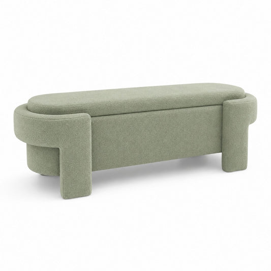 Sage Green Bouclé Upholstered Bench with Rounded Corners