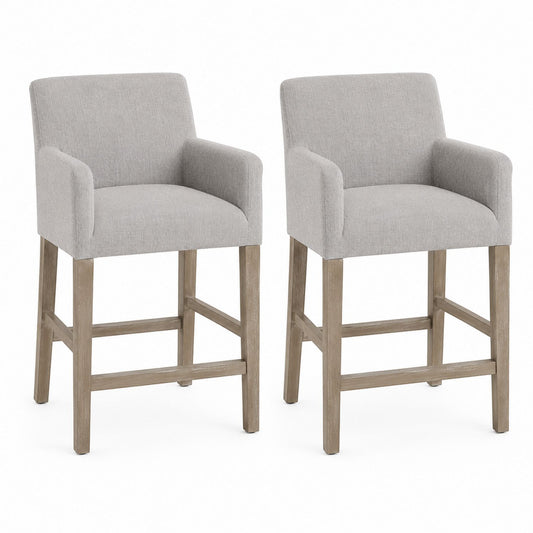 Set of 2 Fabric Bar Stools with Wooden Legs in Light Gray