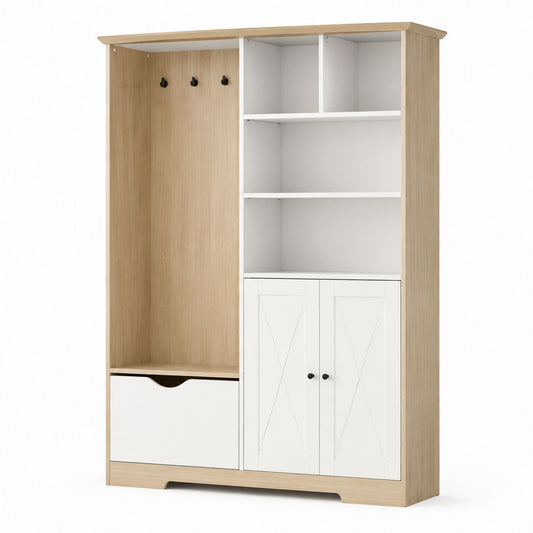 Wooden Entryway Coat Rack with Shelves and Cabinet White and Natural Wood 180x100x30 cm