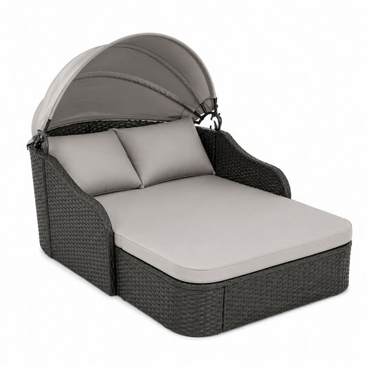 Outdoor Wicker Double Lounger with Canopy and Cushions Gray