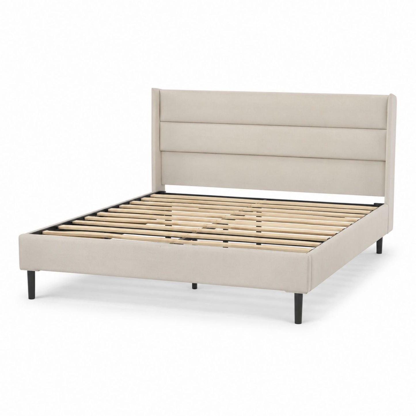 Beige Upholstered Platform Bed with Headboard and Pine Slats