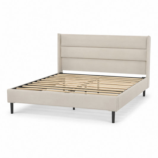 Beige Upholstered Platform Bed with Headboard and Pine Slats