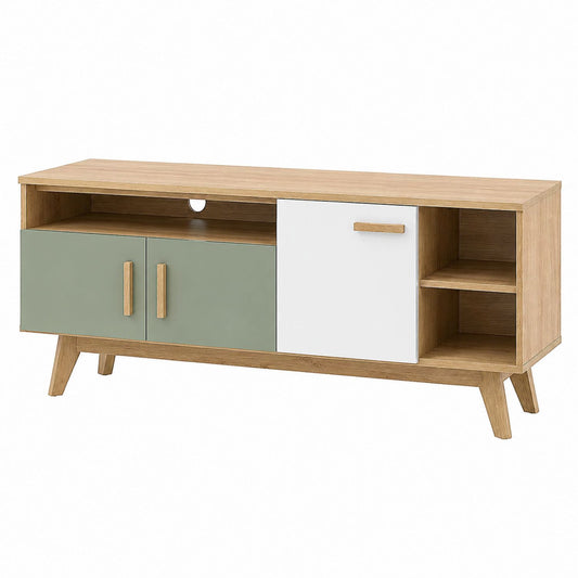 Wooden TV Stand with Storage Cabinets and Shelves Oak/Green/White 120cm