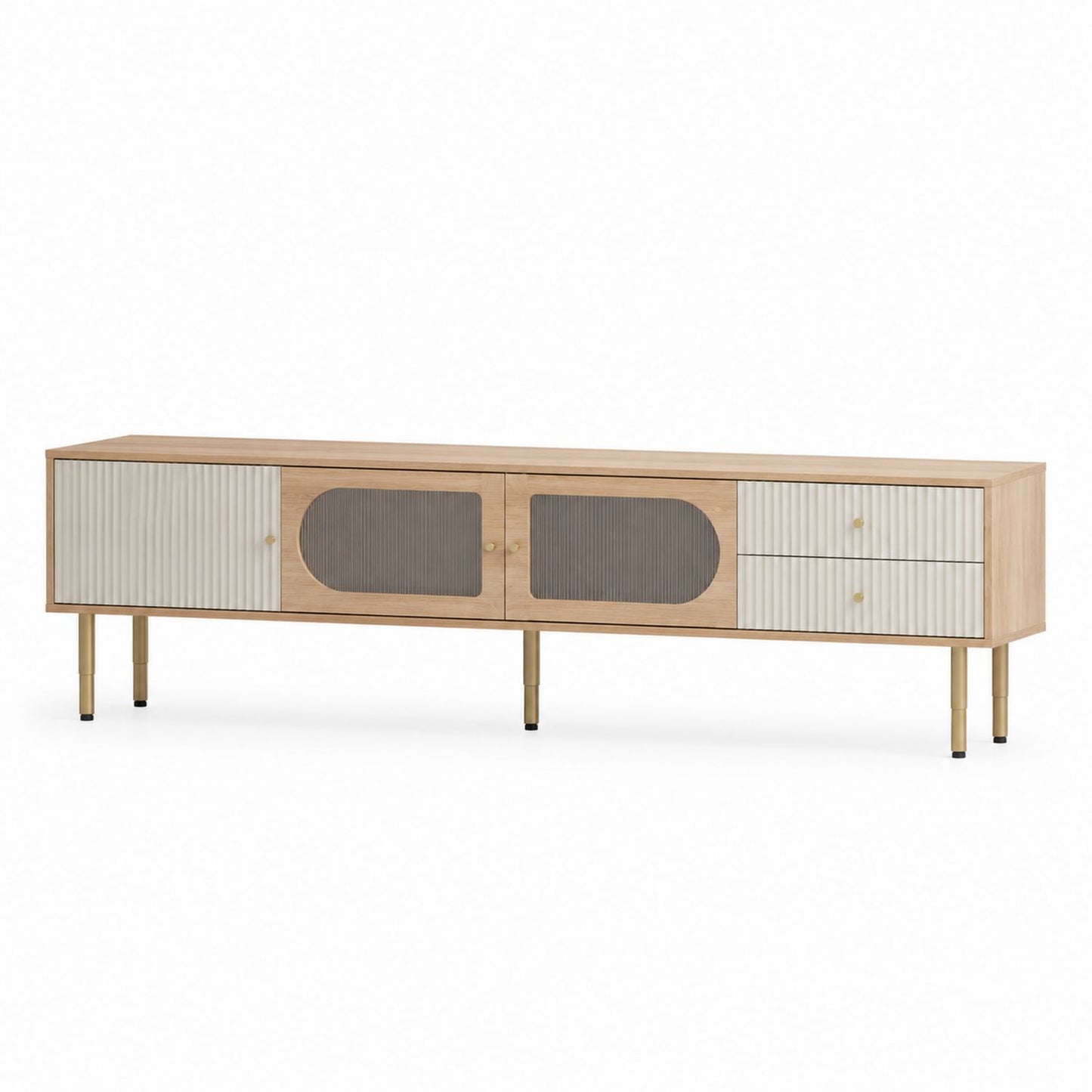 Wood TV Stand with Ribbed Glass Doors and Drawers 180x45x50 cm