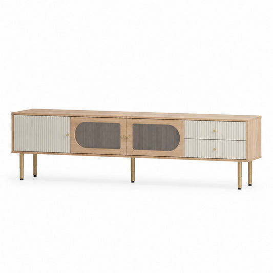 Wood TV Stand with Ribbed Glass Doors and Drawers 180x45x50 cm