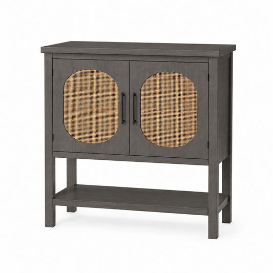 Wood and Rattan Sideboard Cabinet Gray with Storage 90cm Height