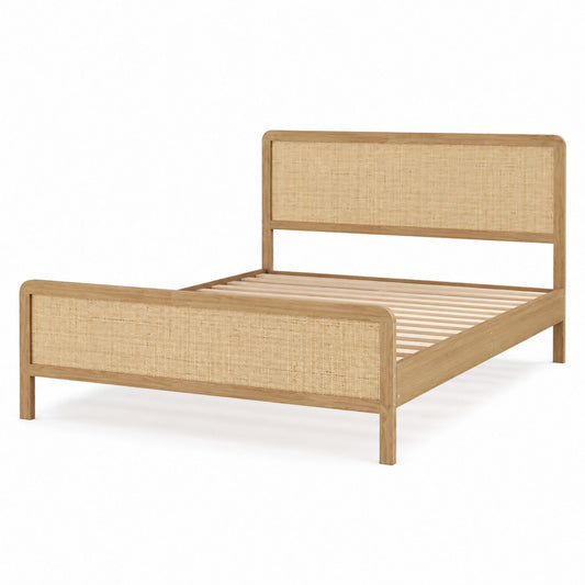 Queen Size Wooden Bed with Rattan Panels 80x60x40 inches