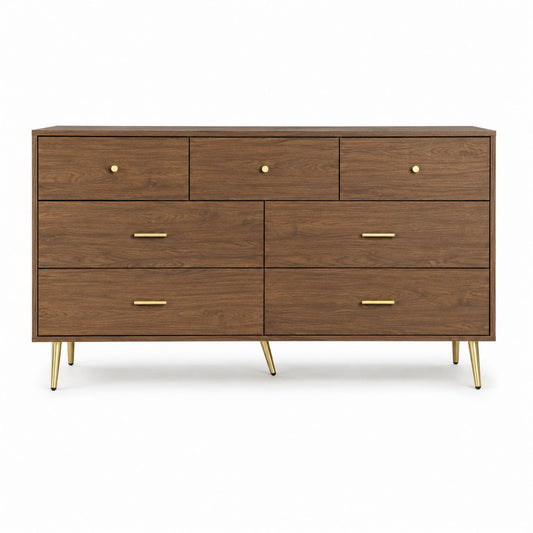 Walnut Veneer Dresser with 7 Drawers and Brass Accents 75cm High