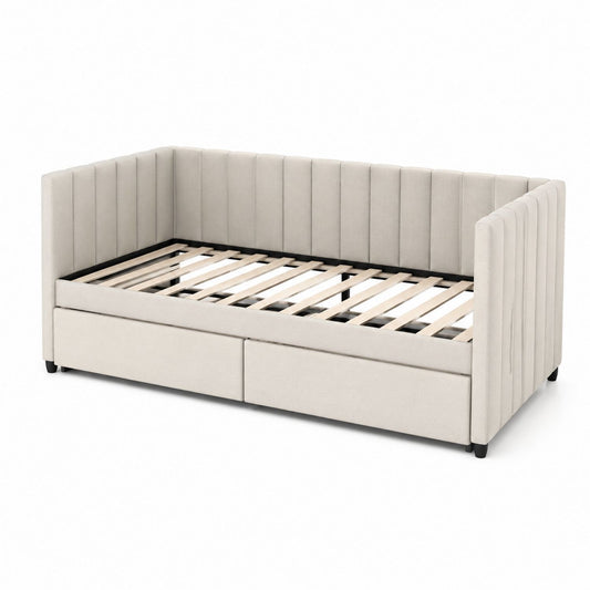 Beige Fabric Upholstered Daybed with Trundle