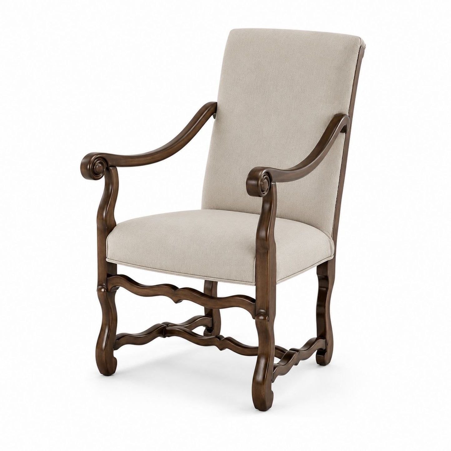 Wood Frame Dining Chair with Linen Upholstery and Armrests Beige