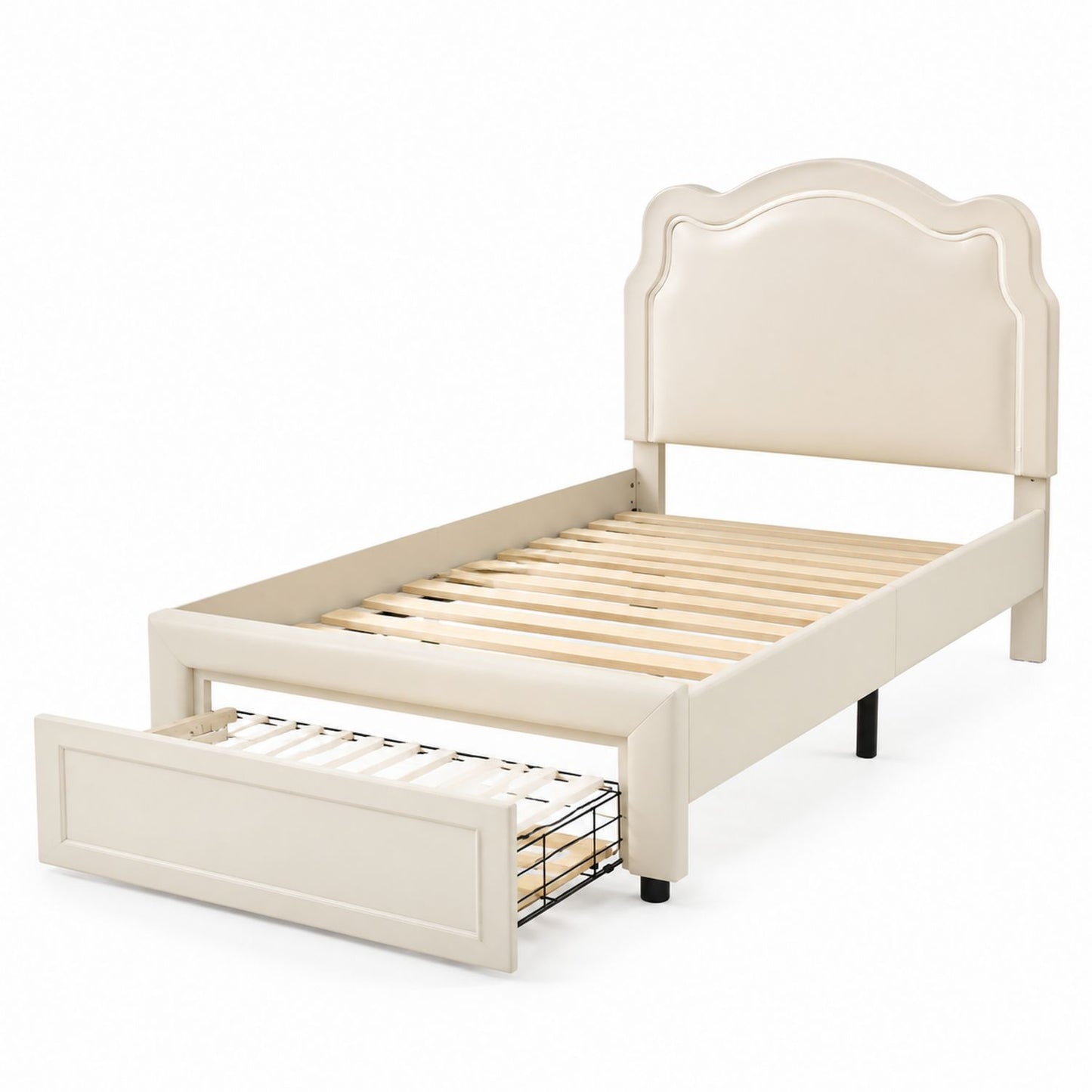 Twin Platform Bed with PU Upholstered Headboard and Pull-Out Trundle