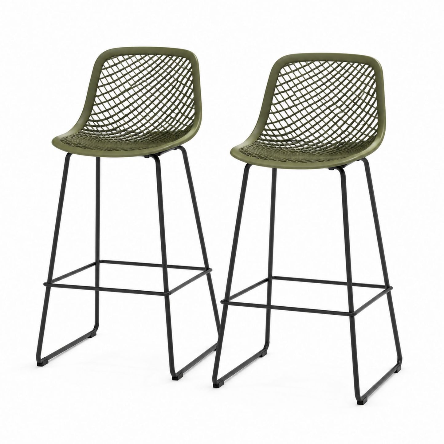 Set of 2 Olive Green Plastic Bar Stools with Black Metal Legs