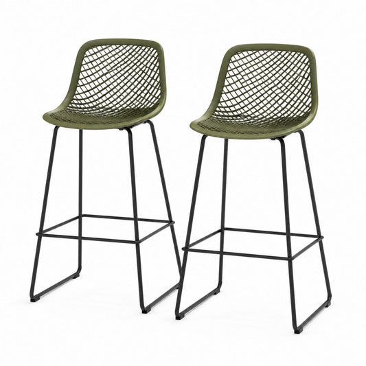 Set of 2 Olive Green Plastic Bar Stools with Black Metal Legs