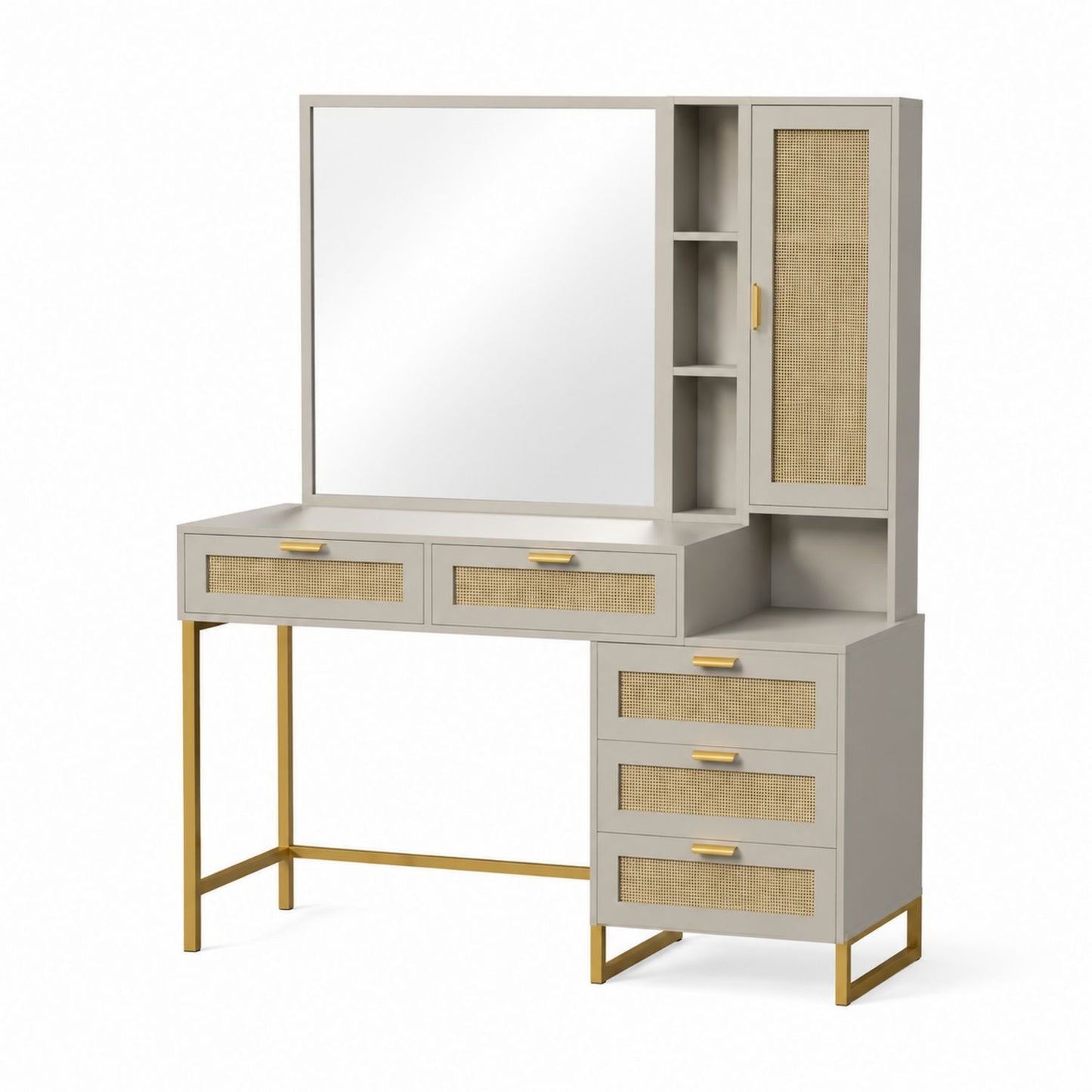 Vanity Table with Mirror Wood Frame and Brass Legs in Gray