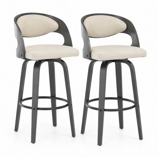 Set of 2 Swivel Bar Stools Fabric Upholstered Metal Frame Beige