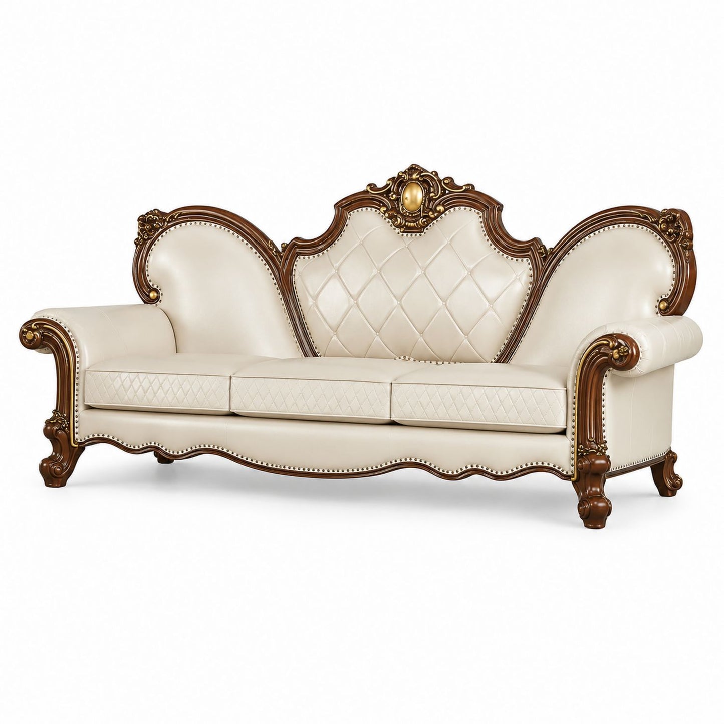 Faux Leather Sofa with Solid Wood Frame in Cream
