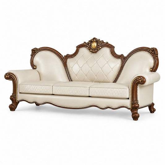 Faux Leather Sofa with Solid Wood Frame in Cream